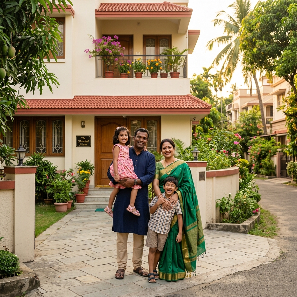 Happy family in front of their home representing security and prosperity